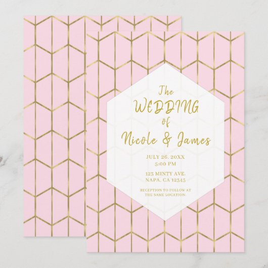 Invitation Boho Rose Hexagone Géométrique Doré Mariage Glamou (Devant / Derrière)