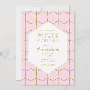 Invitation Boho Rose Hexagone Or Géométrique Glam Douce 16 An