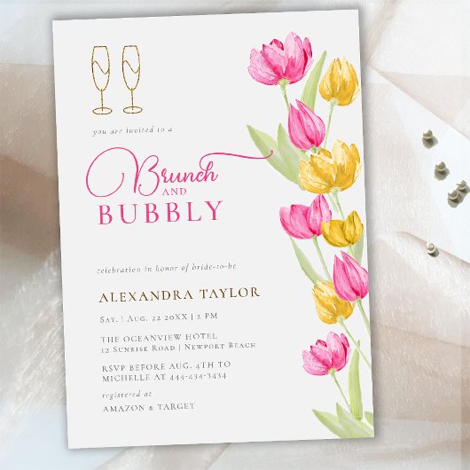 Invitation Boho Rose Jaune Tulipes Or Brunches Bubbly Mariage
