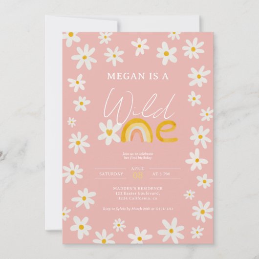 Invitation Boho rose marguerite arc-en-ciel sauvage un 1er an (Devant)