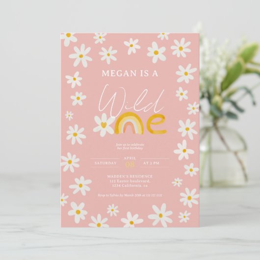 Invitation Boho rose marguerite arc-en-ciel sauvage un 1er an (Debout devant)