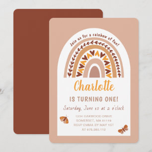 Invitation Boho rose moderne arc-en-ciel 1er anniversaire