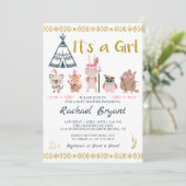 Invitation Boho Rose Or Animaux C'Est Un Baby shower Fille (Debout devant)