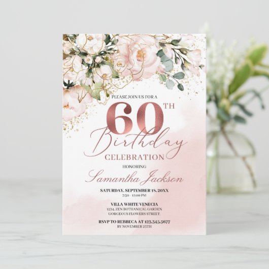 Invitation Boho rose or rose pâle 60e anniversaire (Debout devant)