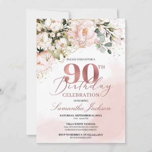 Invitation Boho rose or rose vif 90e anniversaire (Devant)