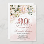 Invitation Boho rose or rose vif 90e anniversaire (Devant / Derrière)