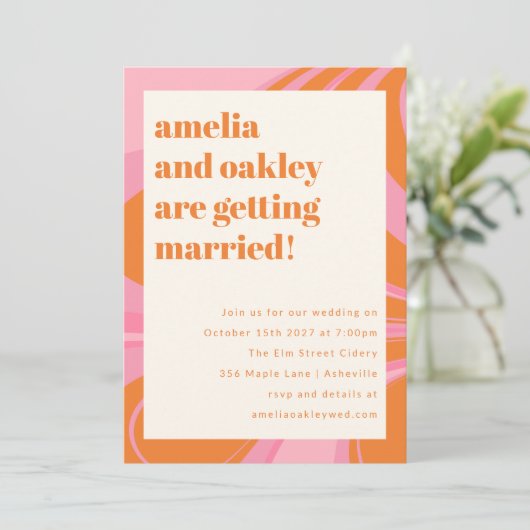 Invitation Boho rose orange Abstrait marbre Mariage moderne (Debout devant)