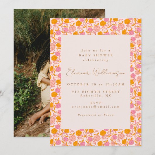 Invitation Boho Rose Orange Floral Cute Baby shower Photo (Devant / Derrière)