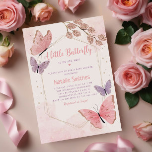 Invitation Boho rose pâle Baby shower floral papillon fille