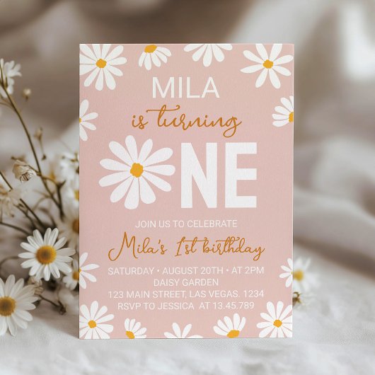 Invitation Boho rose pâle Daisy Premier anniversaire Invitati