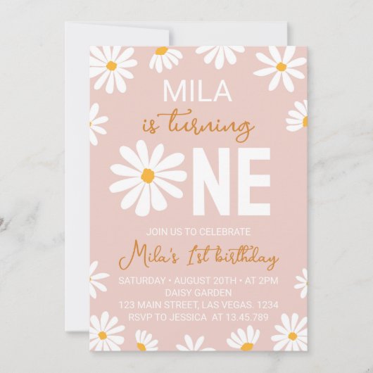 Invitation Boho rose pâle Daisy Premier anniversaire Invitati (Devant)