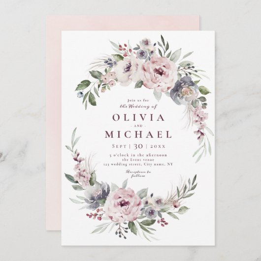 Invitation Boho rose pâle mariage à fleurs (Devant / Derrière)