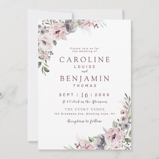 Invitation Boho rose pâle mariage à fleurs (Devant)