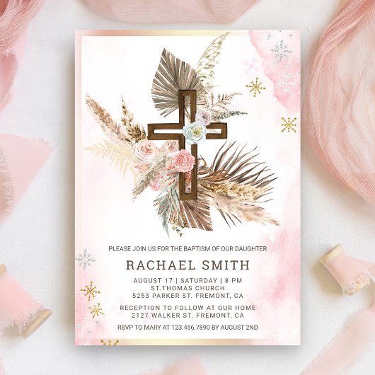 Invitation Boho rose pâle Pampas Bois Croix Baptême