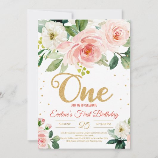 Invitation Boho rose pâle rose UNE fille premier anniversaire (Devant)