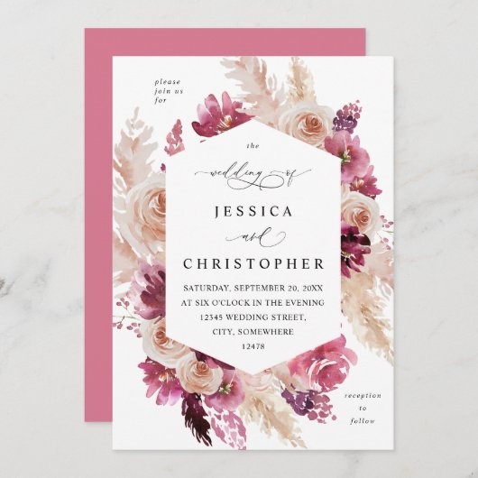 Invitation Boho rose Pampas Grass Mariage Floral rose (Devant / Derrière)