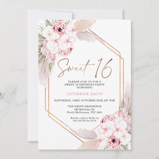 Invitation Boho rose Pampas Grass Sweet 16 anniversaire (Devant)