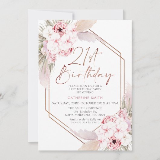 Invitation Boho rose Pampas Grass Sweet 21e anniversaire (Devant)