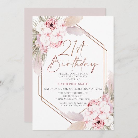 Invitation Boho rose Pampas Grass Sweet 21e anniversaire (Devant / Derrière)