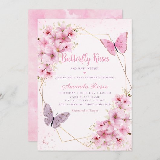 Invitation Boho rose papillon floral Baisers Baby shower fill (Devant / Derrière)