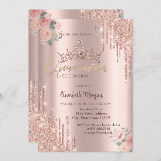 Invitation Boho Rose Parties scintillant Couronne Drop Quince (Devant / Derrière)