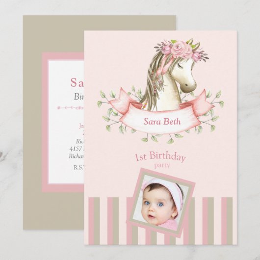 Invitation Boho rose Pony Photo Baby Girl 1er anniversaire (Devant / Derrière)
