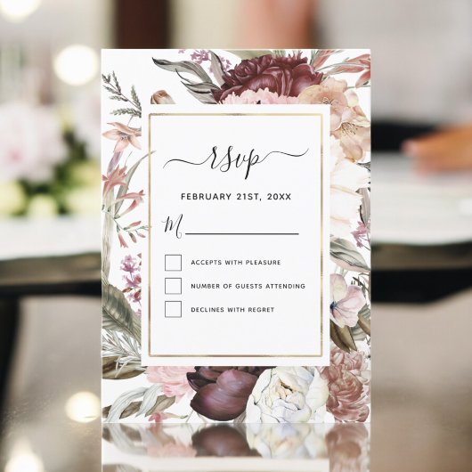 Invitation Boho Rose Poussiéreux Bourgogne Mariage RSVP