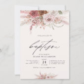 Invitation boho rose poussiéreux fleurs rose thème fille bapt (Devant)