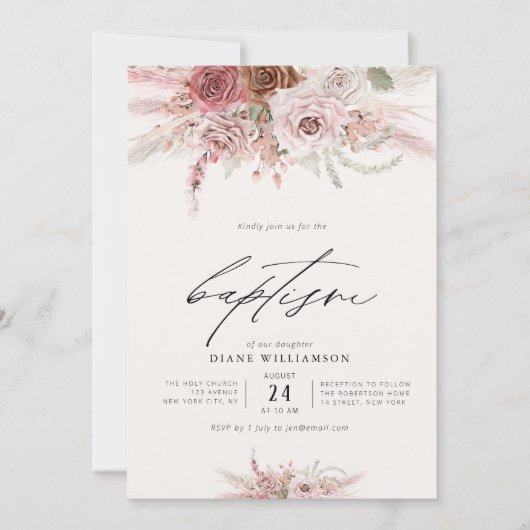 Invitation boho rose poussiéreux fleurs rose thème fille bapt (Devant)