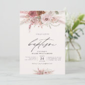 Invitation boho rose poussiéreux fleurs rose thème fille bapt (Debout devant)