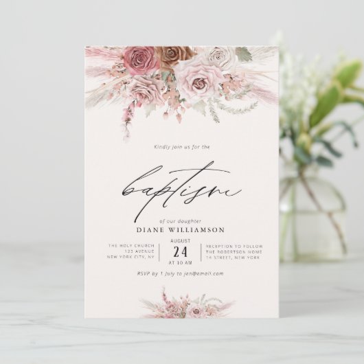 Invitation boho rose poussiéreux fleurs rose thème fille bapt (Debout devant)