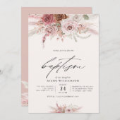 Invitation boho rose poussiéreux fleurs rose thème fille bapt (Devant / Derrière)