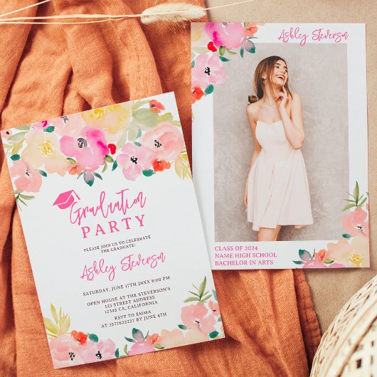 Invitation Boho rose printemps chic jardin fleuri graduation