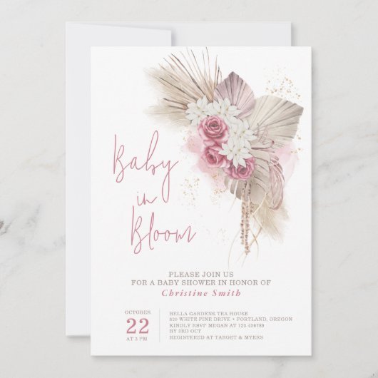 Invitation Boho rose Rose Baby shower d'aquarelle (Devant)