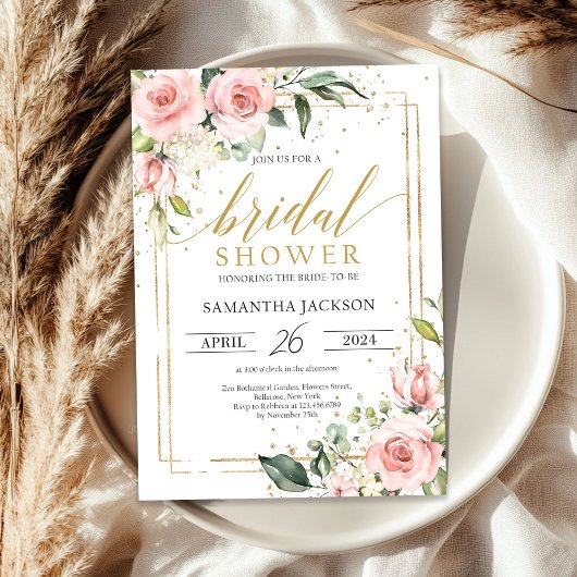Invitation Boho rose rose floral cadre d'or nuptiale douche
