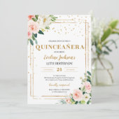 Invitation Boho rose rose floral or éclatante quinceanera (Debout devant)