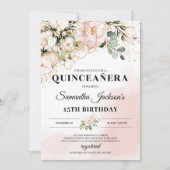 Invitation Boho rose rose floral or feuille quinceanera (Devant)