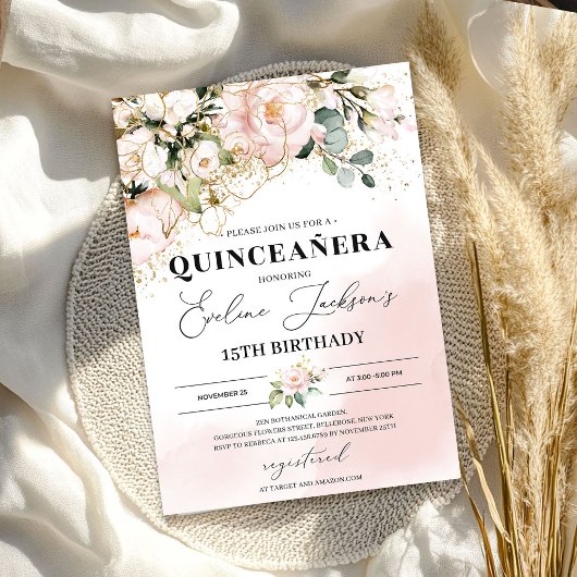 Invitation Boho rose rose floral or feuille quinceanera