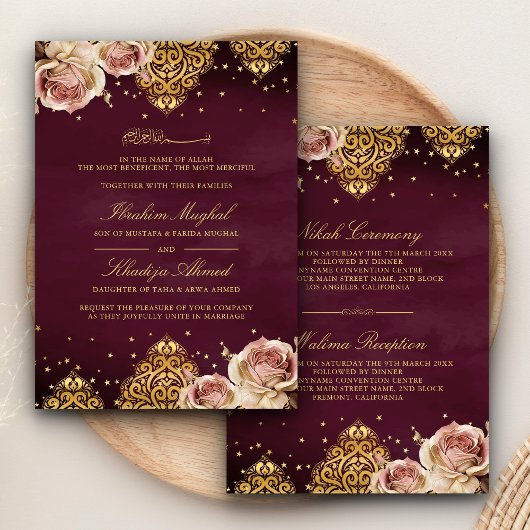 Invitation Boho rose Rose islamique Motif Plum musulman Maria