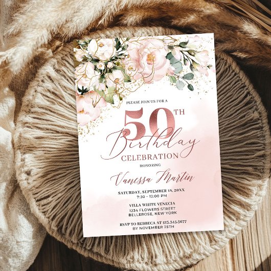 Invitation Boho rose rose rose or 50e anniversaire