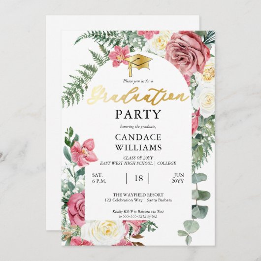 Invitation Boho Rose Roses | Orchidées Floral Graduation Part (Devant / Derrière)