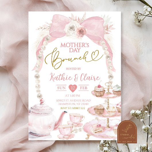 Invitation Boho Rose Ruban Fête des Mères Cupcake Brunch