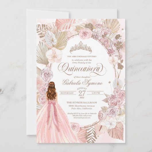 Invitation Boho rose séché Floral Rose Quinceanera Anniversai (Devant)