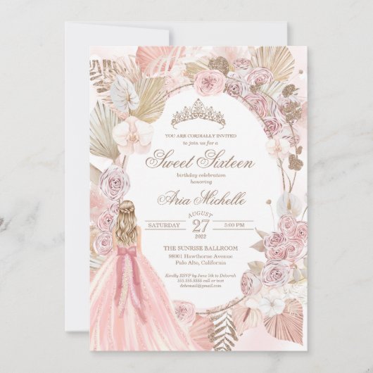 Invitation Boho rose séché Floral Roses doux 16 Anniversaire (Devant)