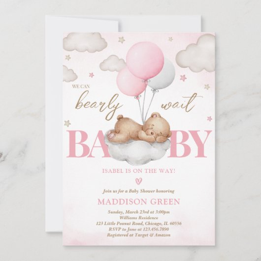 Invitation Boho Rose Sleeping Bear Girl Baby shower (Devant)
