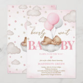 Invitation Boho Rose Sleeping Bear Girl Baby shower (Devant / Derrière)