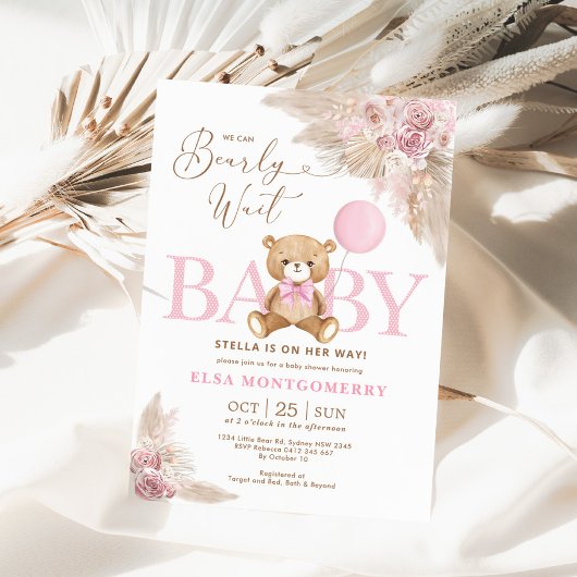 Invitation Boho rose Teddy Bear Pampas Grass Girl Baby shower