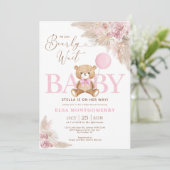 Invitation Boho rose Teddy Bear Pampas Grass Girl Baby shower (Debout devant)