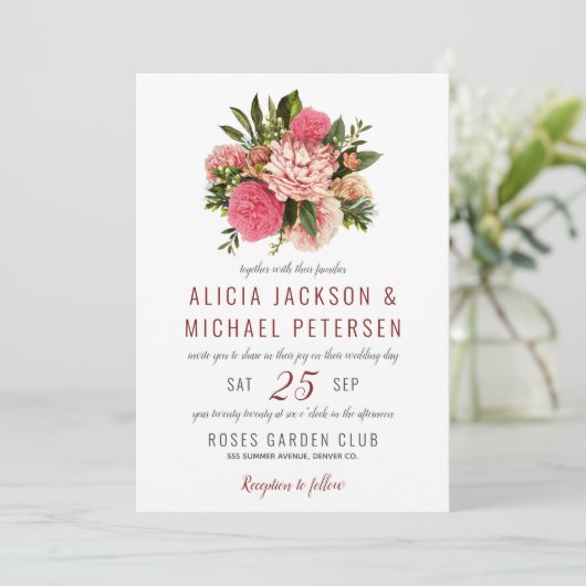 Invitation Boho rose vert fleuri élégant rustique mariage (Debout devant)