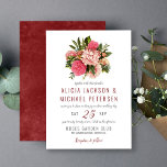 Invitation Boho rose vert fleuri élégant rustique mariage<br><div class="desc">Une élégante faire-part de mariage moderne avec un bouquet de pastel bohème rose roux rustique avec feuillage vert et feuille et un élégant script de typographie bordeaux rouge. arrière - plan d'aquarelle rouge foncé au verso correspondant à la couleur du lettrage. Convient pour le printemps, l'été, l'automne ou l'hiver, élégant...</div>